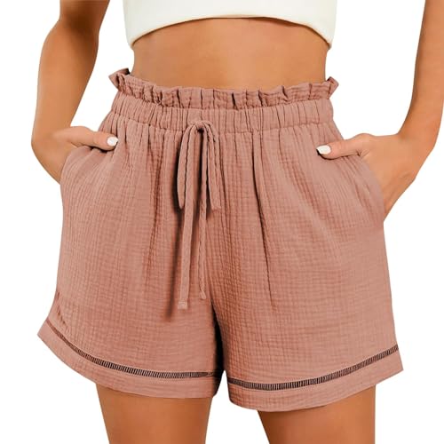 LIHWKD Lässige Damen-Shorts, Shorts mit weitem Bein für Damen, hohe Taille, Kordelzug, elastische Taille, lockere Shorts (pink,L) von LIHWKD