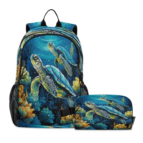 LINNIKEEEE Aquarell Blaue Meeresschildkröte Studentenrucksack Lunchtasche Set – Leichte Schultasche für Jungen Mädchen von LINNIKEEEE