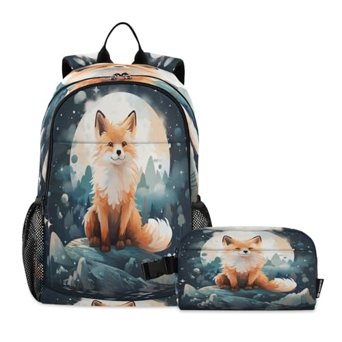 LINNIKEEEE Aquarell Süßer Tierfuchs Studentenrucksack Lunchtasche Set – Leichte Schultasche für Jungen Mädchen von LINNIKEEEE
