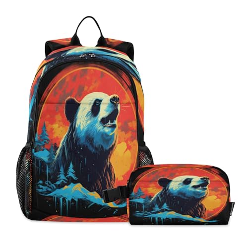 LINNIKEEEE Aquarellkunst Panda Heult Studentenrucksack Lunchtasche Set – Leichte Schultasche für Jungen Mädchen von LINNIKEEEE