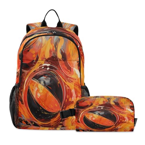 LINNIKEEEE Aquarellkunst Schwarz Gebrannter Ball Studentenrucksack Lunchtasche Set – Leichte Schultasche für Jungen Mädchen von LINNIKEEEE
