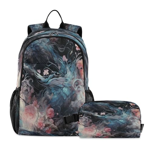 LINNIKEEEE Aquarellmalerei Abstraktes Eichhörnchen Studentenrucksack Lunchtasche Set – Leichte Schultasche für Jungen Mädchen von LINNIKEEEE