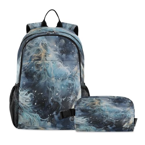 LINNIKEEEE Aquarellmalerei Pferd Studentenrucksack Lunchtasche Set – Leichte Schultasche für Jungen Mädchen von LINNIKEEEE