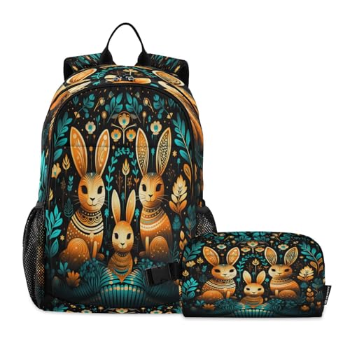 LINNIKEEEE Ausgefallene Aquarell-Hasen Studentenrucksack Lunchtasche Set – Leichte Schultasche für Jungen Mädchen von LINNIKEEEE