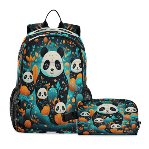 LINNIKEEEE Ausgefallene Aquarell-Pandas Studentenrucksack Lunchtasche Set – Leichte Schultasche für Jungen Mädchen von LINNIKEEEE