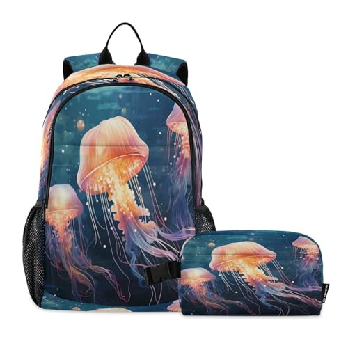 LINNIKEEEE Ausgefallene Aquarellkunstqualle Studentenrucksack Lunchtasche Set – Leichte Schultasche für Jungen Mädchen von LINNIKEEEE
