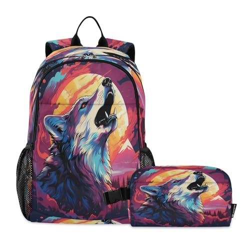 LINNIKEEEE Ausgefallener Aquarell Cooler Wolf Studentenrucksack Lunchtasche Set – Leichte Schultasche für Jungen Mädchen von LINNIKEEEE