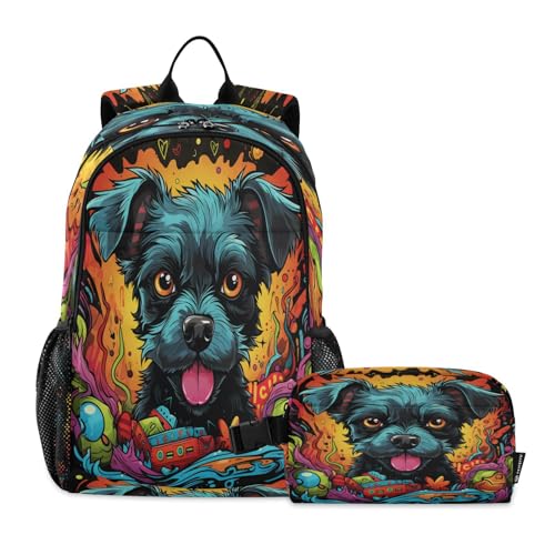 LINNIKEEEE Ausgefallener Aquarell-Kunsthund Studentenrucksack Lunchtasche Set – Leichte Schultasche für Jungen Mädchen von LINNIKEEEE
