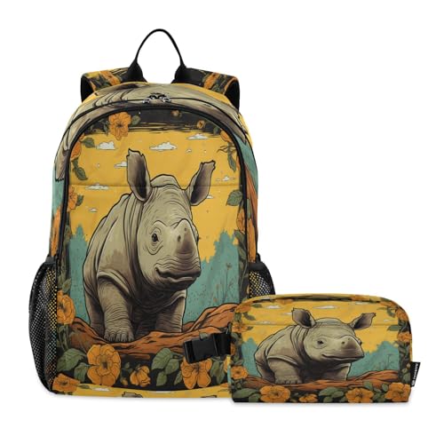 LINNIKEEEE Ausgefallenes Aquarellkunst-Nashorn Studentenrucksack Lunchtasche Set – Leichte Schultasche für Jungen Mädchen von LINNIKEEEE