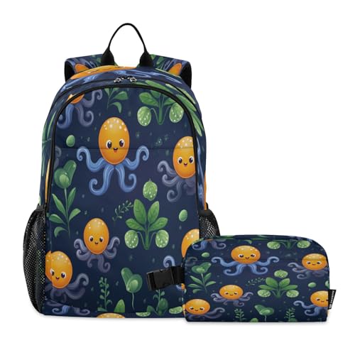 LINNIKEEEE Blumen-Cartoon-Kunst-Oktopus Studentenrucksack Lunchtasche Set – Leichte Schultasche für Jungen Mädchen von LINNIKEEEE
