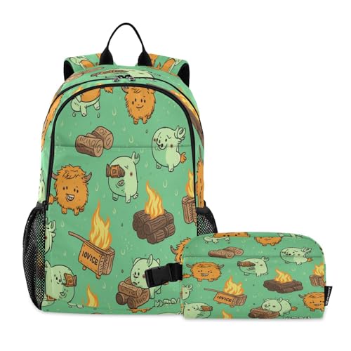 LINNIKEEEE Cartoon-Kunst Niedliche Bisons Studentenrucksack Lunchtasche Set – Leichte Schultasche für Jungen Mädchen von LINNIKEEEE
