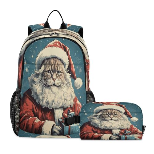 LINNIKEEEE Cartoon-Kunst Niedliche Katze Santa Studentenrucksack Lunchtasche Set – Leichte Schultasche für Jungen Mädchen von LINNIKEEEE