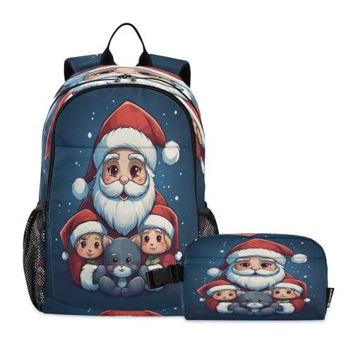 LINNIKEEEE Cartoon-Kunst Süßer Weihnachtsmann Studentenrucksack Lunchtasche Set – Leichte Schultasche für Jungen Mädchen von LINNIKEEEE