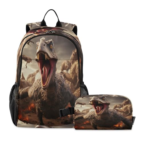 LINNIKEEEE Cooler Aquarell-Tier-Dinosaurier Studentenrucksack Lunchtasche Set – Leichte Schultasche für Jungen Mädchen von LINNIKEEEE
