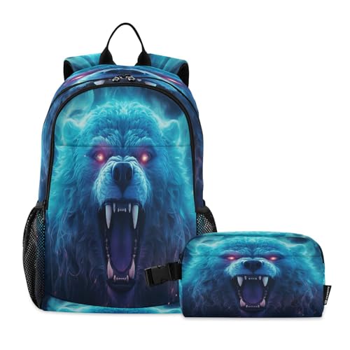 LINNIKEEEE Cooler Wütender Blauer Bär Studentenrucksack Lunchtasche Set – Leichte Schultasche für Jungen Mädchen von LINNIKEEEE