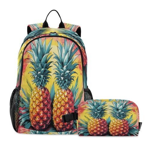LINNIKEEEE Fruchtananas Aquarell Studentenrucksack Lunchtasche Set – Leichte Schultasche für Jungen Mädchen von LINNIKEEEE