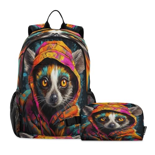 LINNIKEEEE Niedlicher Cartoon-Kunst-Lemur Studentenrucksack Lunchtasche Set – Leichte Schultasche für Jungen Mädchen von LINNIKEEEE