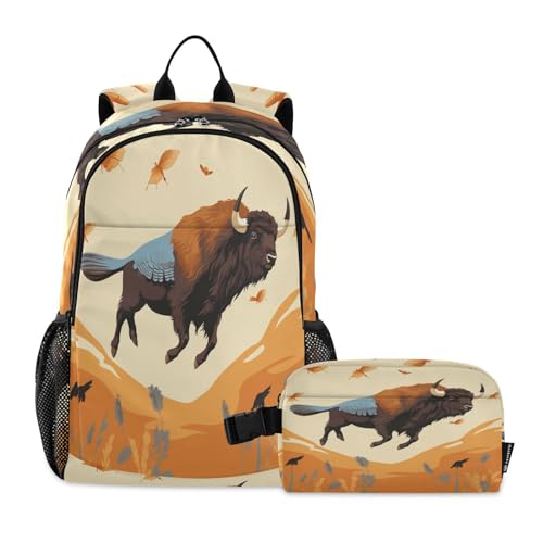 LINNIKEEEE Niedliches Cartoonmuster Bison Studentenrucksack Lunchtasche Set – Leichte Schultasche für Jungen Mädchen von LINNIKEEEE