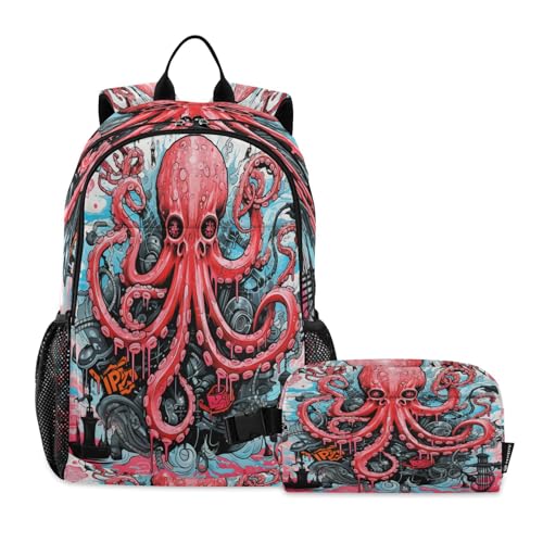 LINNIKEEEE Rosa Gekritzel Cooler Oktopus Studentenrucksack Lunchtasche Set – Leichte Schultasche für Jungen Mädchen von LINNIKEEEE