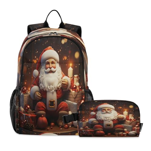 LINNIKEEEE Sternenklarer Weihnachtsmann Studentenrucksack Lunchtasche Set – Leichte Schultasche für Jungen Mädchen von LINNIKEEEE