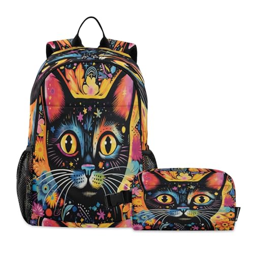 LINNIKEEEE Süße Aquarell-Tierkatze Studentenrucksack Lunchtasche Set – Leichte Schultasche für Jungen Mädchen von LINNIKEEEE