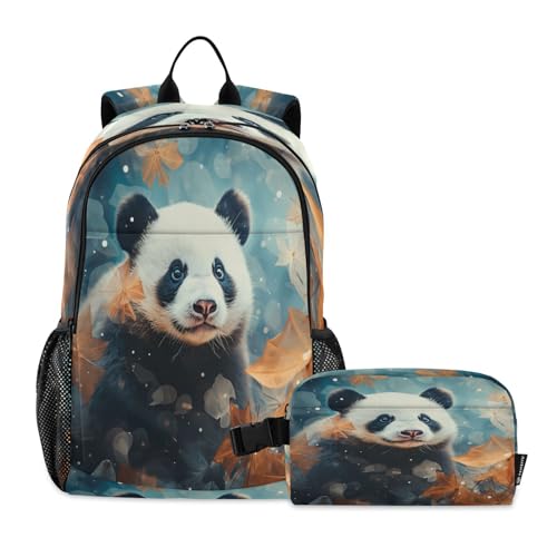 LINNIKEEEE Süßes Tierpanda-Aquarell Studentenrucksack Lunchtasche Set – Leichte Schultasche für Jungen Mädchen von LINNIKEEEE