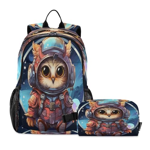 LINNIKEEEE Weltraum-Cartoon-Tier-Astronaut Studentenrucksack Lunchtasche Set – Leichte Schultasche für Jungen Mädchen von LINNIKEEEE
