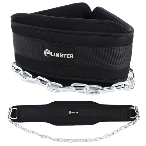 LINSTER Dip Gürtel mit Kette und Karabiner, Gewichtsgürtel mit 36" Heavy Duty Stahlkette für Klimmzuggürtel, 10 mm Neopren Taillen Gewichthebergürtel, Kniebeugen, Krafttraining, Männer und Frauen von LINSTER