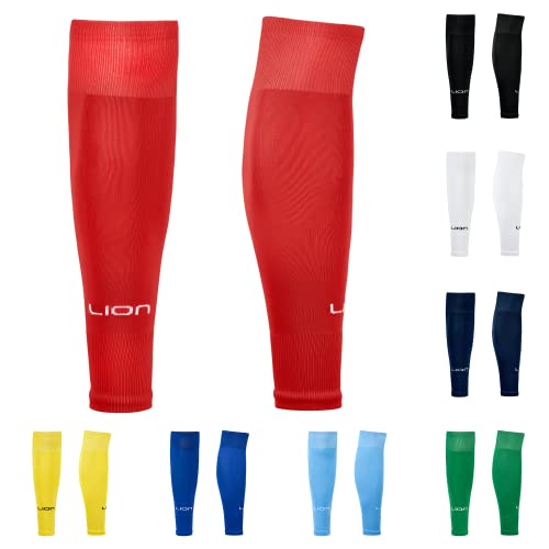 Fußballsocken-Ärmel für Griffsocken – passt über Waden- und Schienbeinschoner – Farben passend (Einheitsgröße, Rot) von LION SPORTSWEAR