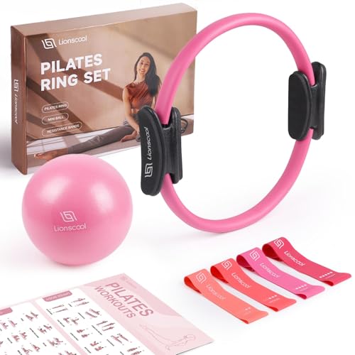 LIONSCOOL Pilates-Ring-Set – 35cm Magic Circle mit Doppelgriffen – Inkl. platzfestem Miniball, Widerstandsbändern, Anleitung und Tasche (Rosa) von LIONSCOOL