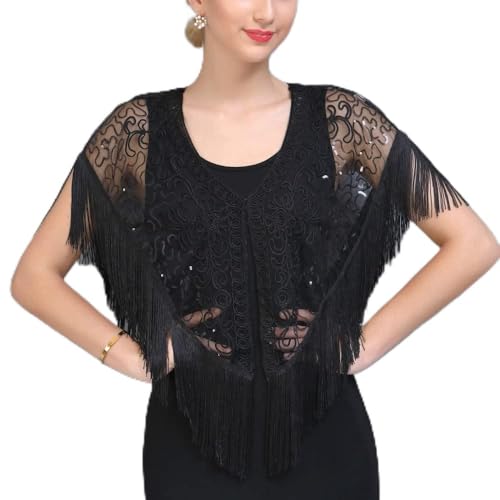 Boleros Für Damen,Damen Vintage Lace Shrug Sommer Quaste Schal 1920Er Bolero Cardigan Mesh Pailletten Jacke Party Fransen Ärmel Schulterjacke Sexy Durchsichtige Vertuschung Für Kleider Abend Schwar von LIRU