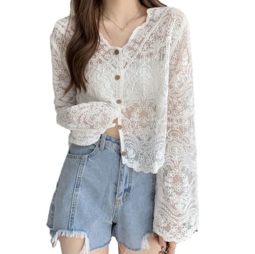 Women'S Bolero, Sommer Häkeln Kurzer Mantel Geblümte Spitze Shrug V-Ausschnitt Jacke Damen Langarm Shrug Elegante Strickjacke Schulterjacke Durchsichtig Durch Offene Frontabdeckung Für Hochzeit, Wei von LIRU