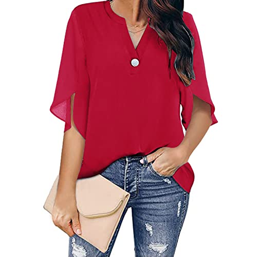 Damen Bluse, Damen Chiffonbluse Mode Schlicht Rot V-Ausschnitt Pullover Shirts Tops Lässig Locker Geschlitzt 3/4 Ärmel Button-Down-Blusen Sommer Elegant Tunika Tops T-Shirts,L von LITTLA