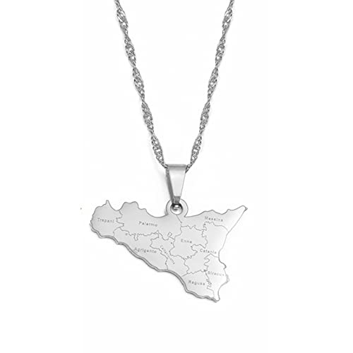 LIUZIXI Italy Sicily Map Pendant Necklaces - Hip Hop Charm Necklaces Friendship Patriotic Jewelry - with City Names Italian Sicilia Country Maps Pendant for Women Men,Silver von LIUZIXI
