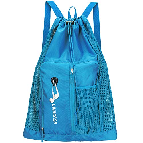 LIVACASA Schwimmbeutel Mit Mesh Schnelltrocknend Faltbar Netztasche Strand Meshtasche Strandtasche Schwimmtasche mit Außentasche Rucksack für Schwimmtraining Sportbeutel Blau von LIVACASA