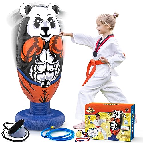 LIVIFIT® Panda Boxsack - Aufblasbarer Kinder Boxsack - Inklusive Füllschlauch, Goldmedaille und Pumpe - 0,60 mm Premium PVC - Boxen | Karate | Fitness - Selbsttragend mit Rückprall von LIVIFIT