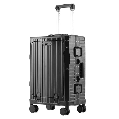LJSPTU Koffer Multifunktionaler Koffer Mit Frontöffnung, Aluminiumrahmen, Trolley-Koffer, Ladeschnittstelle, Faltbarer Getränkehalter Suitcase (Color : Black, Size : 20in) von LJSPTU