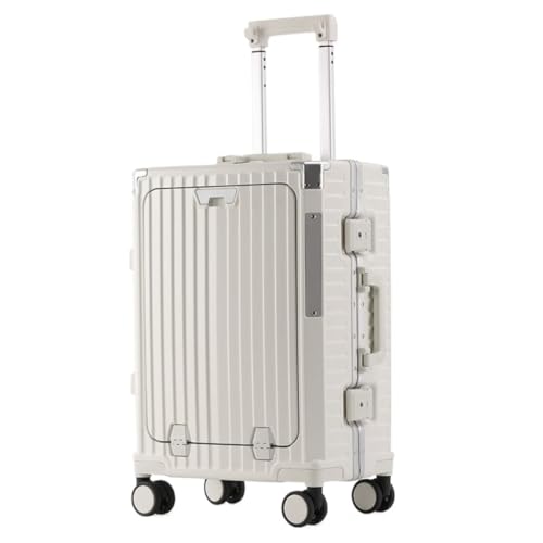 LJSPTU Koffer Multifunktionaler Koffer Mit Frontöffnung, Aluminiumrahmen, Trolley-Koffer, Ladeschnittstelle, Faltbarer Getränkehalter Suitcase (Color : White, Size : 25in) von LJSPTU