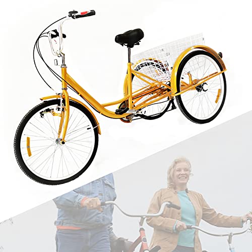 LKHDONG 24 Zoll Dreirad für Erwachsene Mit Korb+Licht,6 Gang 3 Rad Fahrrad Für Erwachsene Fahrrad Cruise Bikes geeignet Für Personen von 1,6-1,8m, aus Kohlenstoffstahl(Gelb) von LKHDONG