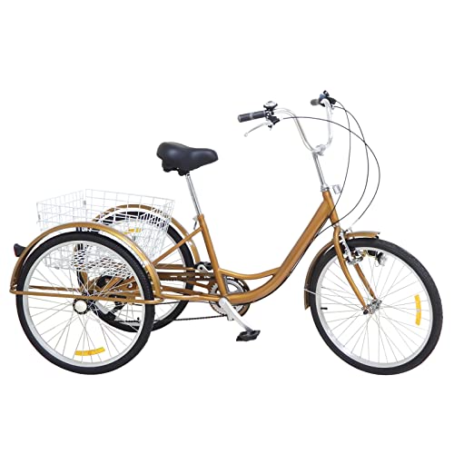 LKHDONG 24 Zoll Dreirad für Erwachsene Mit Korb+Licht,6 Gang 3 Rad Fahrrad Für Erwachsene Fahrrad Cruise Bikes geeignet Für Personen von 1,6-1,8m, aus Kohlenstoffstahl(Gold) von LKHDONG