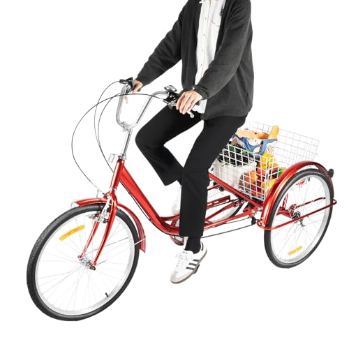 LKHDONG 24 Zoll Dreirad für Erwachsene Mit Korb+Licht,6 Gang 3 Rad Fahrrad Für Erwachsene Fahrrad Cruise Bikes geeignet Für Personen von 1,6-1,8m, aus Kohlenstoffstahl(Rot) von LKHDONG
