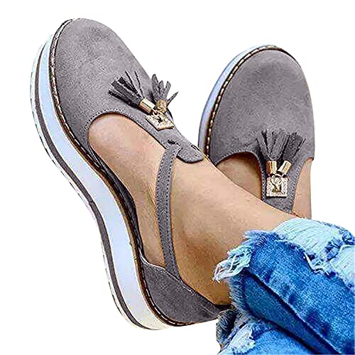 LLDG Damen Flache Sandalen Mode lässige Fransen Sommer Plateau Geschlossene Sandaletten mit Schnalle Elegant Pumps Low-Top Freizeitschuhe rutschfest Slip On Sommerschuhe Einzelschuhe, Grau, 40 EU von LLDG