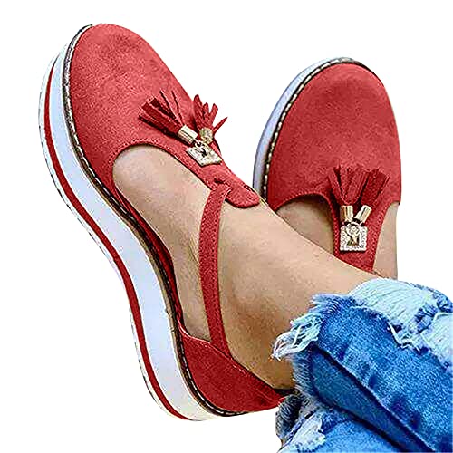 LLDG Damen Flache Sandalen Mode lässige Fransen Sommer Plateau Geschlossene Sandaletten mit Schnalle Pumps Low-Top Atmungsaktiv Freizeitschuhe rutschfest Slip On Sommerschuhe Einzelschuhe, Rot, 38EU von LLDG