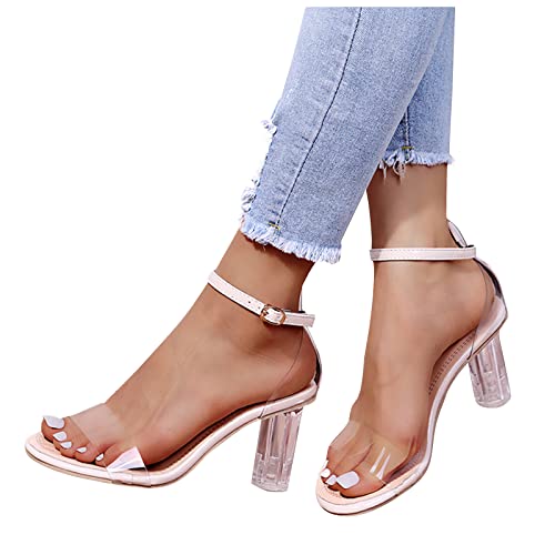 LLDG Damen Sandalen High Heel Transparent Riemchensandalen Römersandalen mit Blockabsatz Vintage Slingback Sandaletten Sommer Pumps Open Toe Schnalle Sandaletten von LLDG