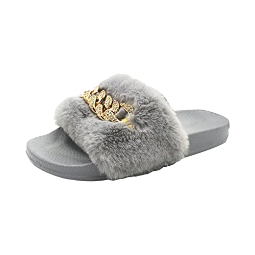 LLDG Hausschuhe Damen Metallkette Plüsch pantoffeln rutschfeste Flache Flip Flop Bequeme Flauschige Slippers Elegante Vintage Pelz Schlappen Modische Lässige Plüsch Sandalen Latschen Fluffy Slides von LLDG