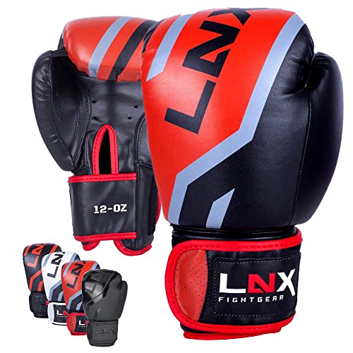 LNX Boxhandschuhe Level 5" - 8 10 12 14 16 Oz - perfekt für Kickboxen Boxen Muay Thai K1 MMA Kampfsport UVM Black/red (001) 12 Oz von LNX