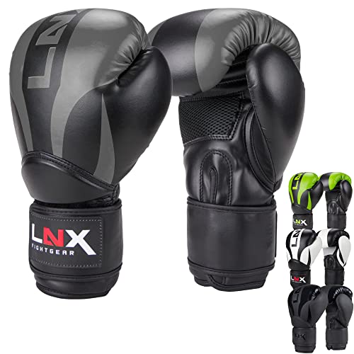 LNX Boxhandschuhe Nitro 8 10 12 14 16 Oz - Männer, Frauen, Kids Kickboxen Boxen Muay Thai MMA Kampfsport UVM schwarz/grau (004) 10 Oz von LNX