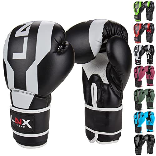 LNX Boxhandschuhe Stealth - Männer Frauen 8 10 12 14 16 Oz - ideal für Kickboxen Boxen Muay Thai MMA Kampfsport UVM schwarz/weiß (003) 16 Oz von LNX