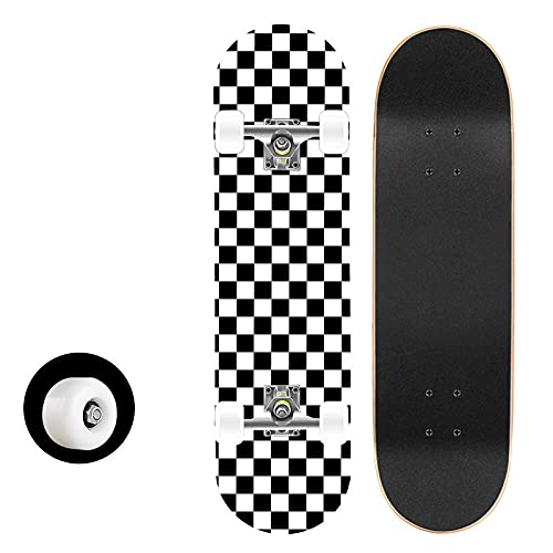 Skateboard Karo Weiß Schwarz Skateboard Kinder ab 8 Jahre 80x20cm 7-Lagigem Ahornholz Longboard Double Kick Komplett für Anfänger Jungen Mädchen Erwachsene Profi Penny Board von LNXSESN