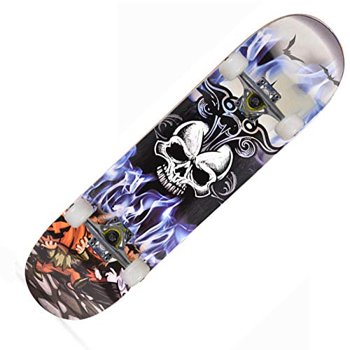 Skateboard Totenkopf Grau Orange Skateboard Kinder ab 8 Jahre 80x20cm 7-Lagigem Ahornholz Longboard Double Kick Komplett für Anfänger Jungen Mädchen Erwachsene Profi Penny Board von LNXSESN